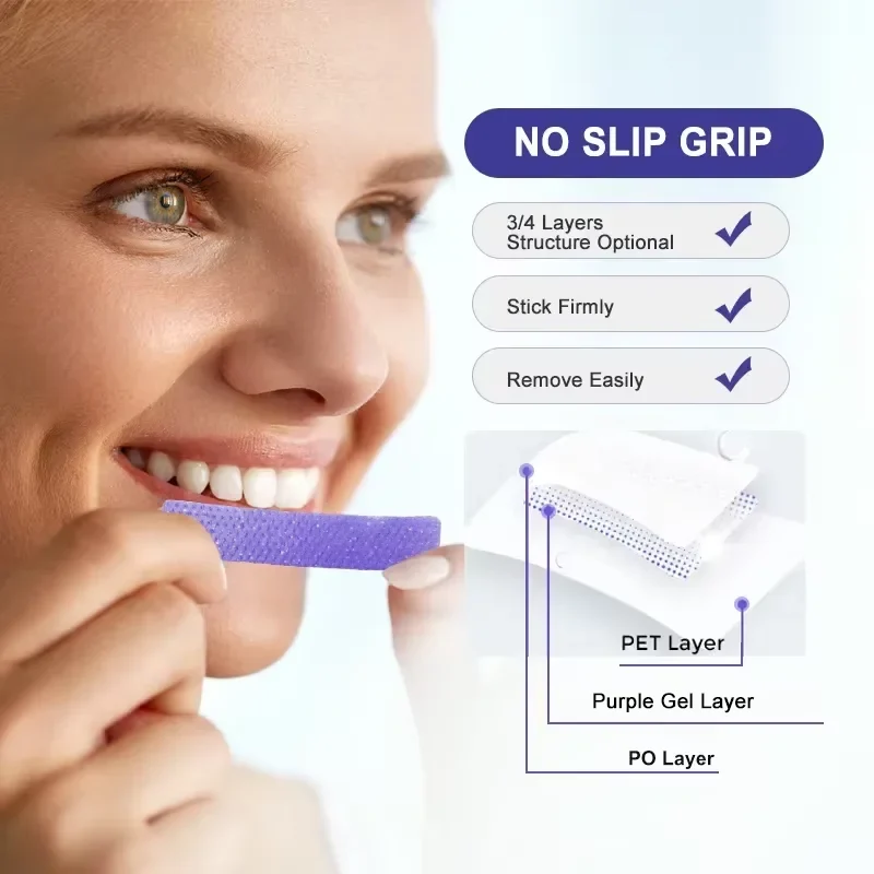 No-slip grip strip layers: PET layer, purple gel layer and PO layer
