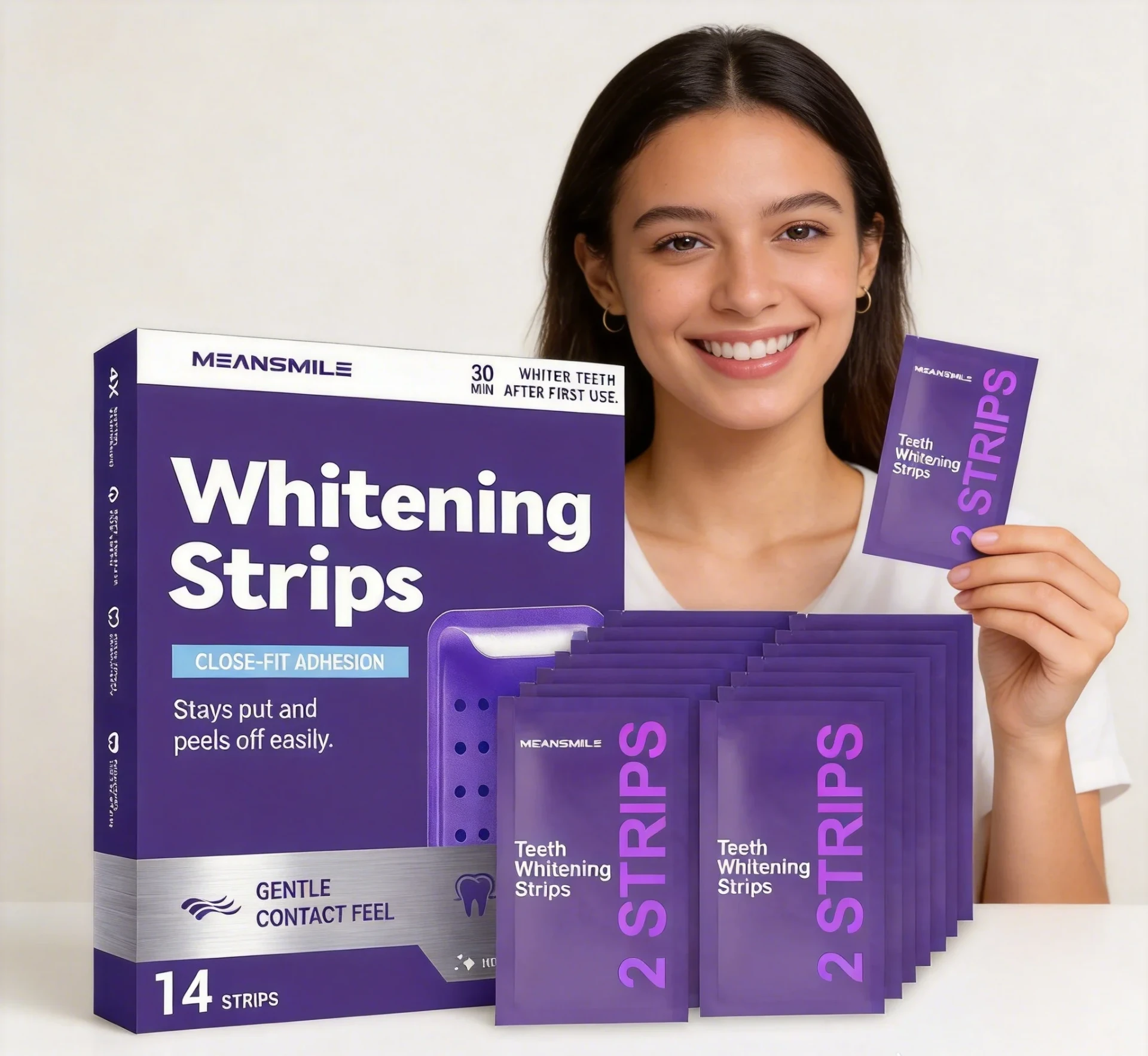 Smiling customer holding Erica Beauty whitening strips beside the product box